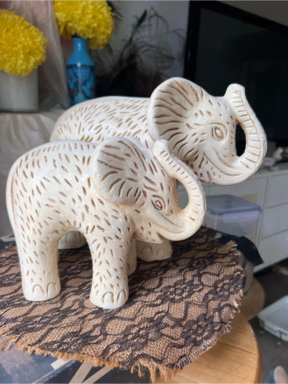 Rustic Boho Talavera Pottery Elephant & Babe Statuettes GUC